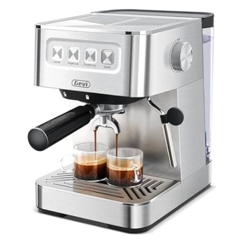 Gevi Espresso Machine with sleek stainless steel design, features buttons for single and double shots, a steam function, portafilter for two cups, and a built-in steam wand on the side.