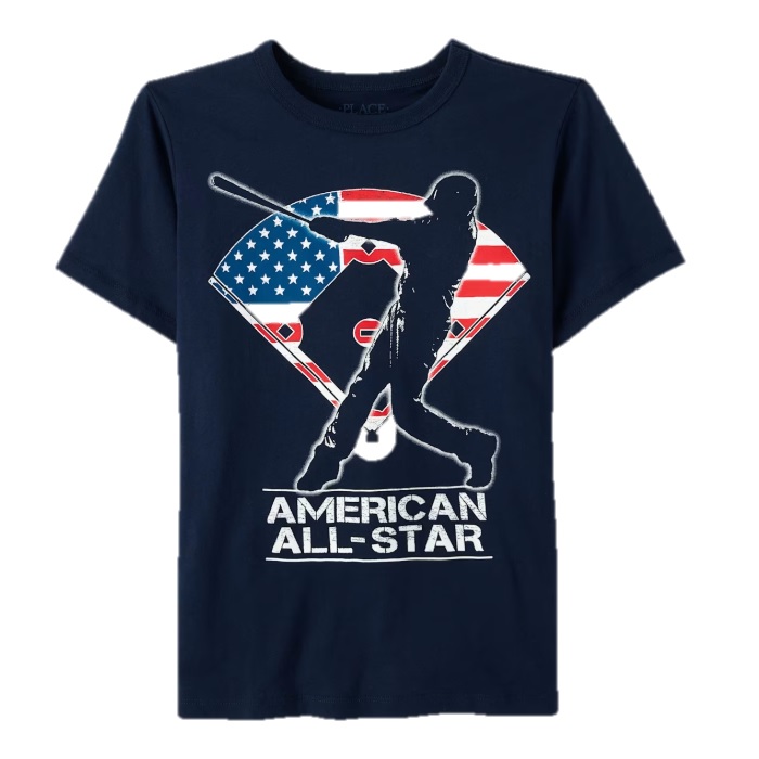 A navy blue t-shirt featuring a silhouette of a baseball player swinging a bat, with an American flag background and the text \“American All-Star\“ below.