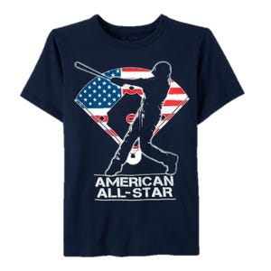 A navy blue t-shirt featuring a silhouette of a baseball player swinging a bat, with an American flag background and the text \“American All-Star\“ below.