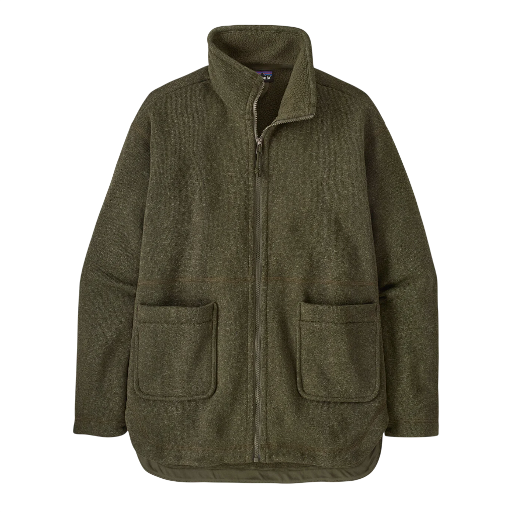 A green zip-up fleece jacket with a high collar and two front pockets.
