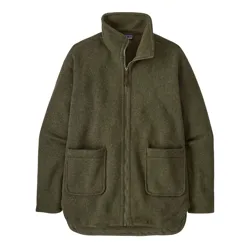 A green zip-up fleece jacket with a high collar and two front pockets.