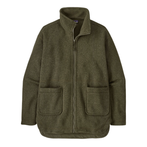 A green zip-up fleece jacket with a high collar and two front pockets.