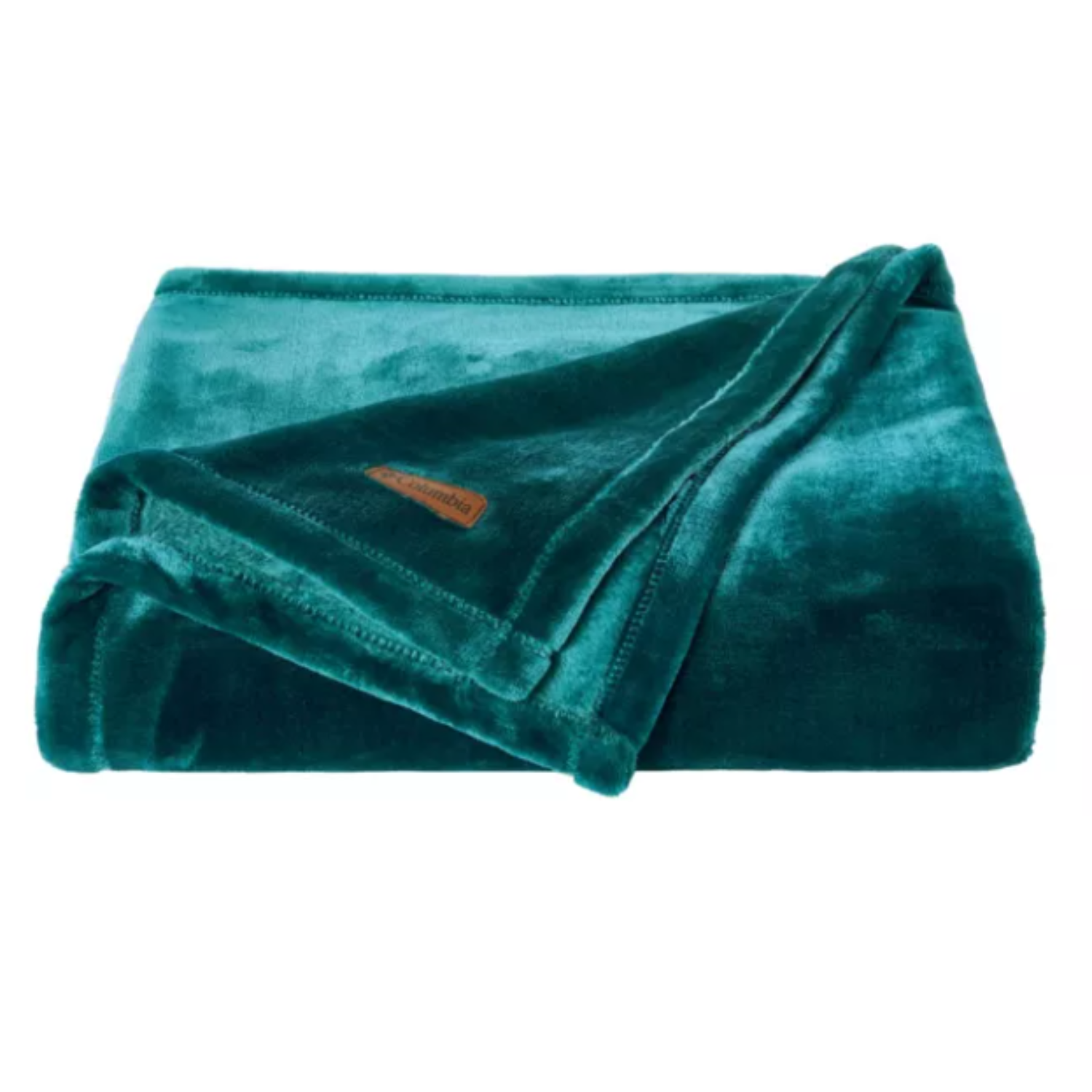 A teal, soft plush throw blanket featuring a Columbia logo patch.
