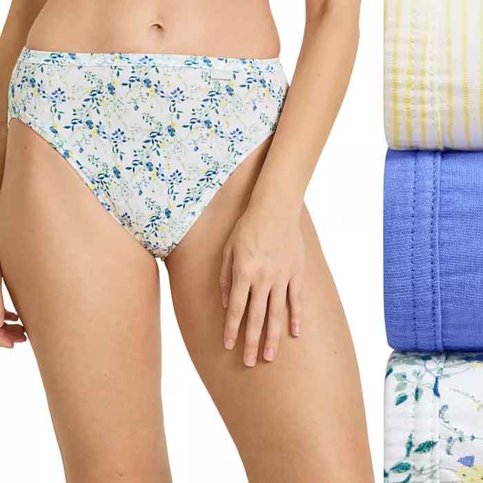 3-pack Jockey Elance French Cut Underwear features a floral print, a yellow and white striped pattern, and a solid blue design. These high-cut briefs provide comfortable coverage with a soft, breathable fabric.