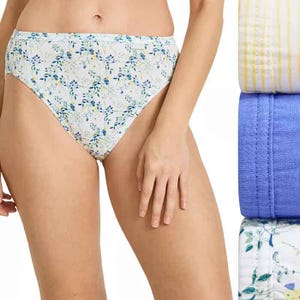 3-pack Jockey Elance French Cut Underwear features a floral print, a yellow and white striped pattern, and a solid blue design. These high-cut briefs provide comfortable coverage with a soft, breathable fabric.