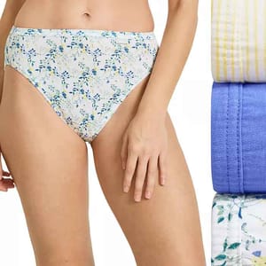3-pack Jockey Elance French Cut Underwear features a floral print, a yellow and white striped pattern, and a solid blue design. These high-cut briefs provide comfortable coverage with a soft, breathable fabric.