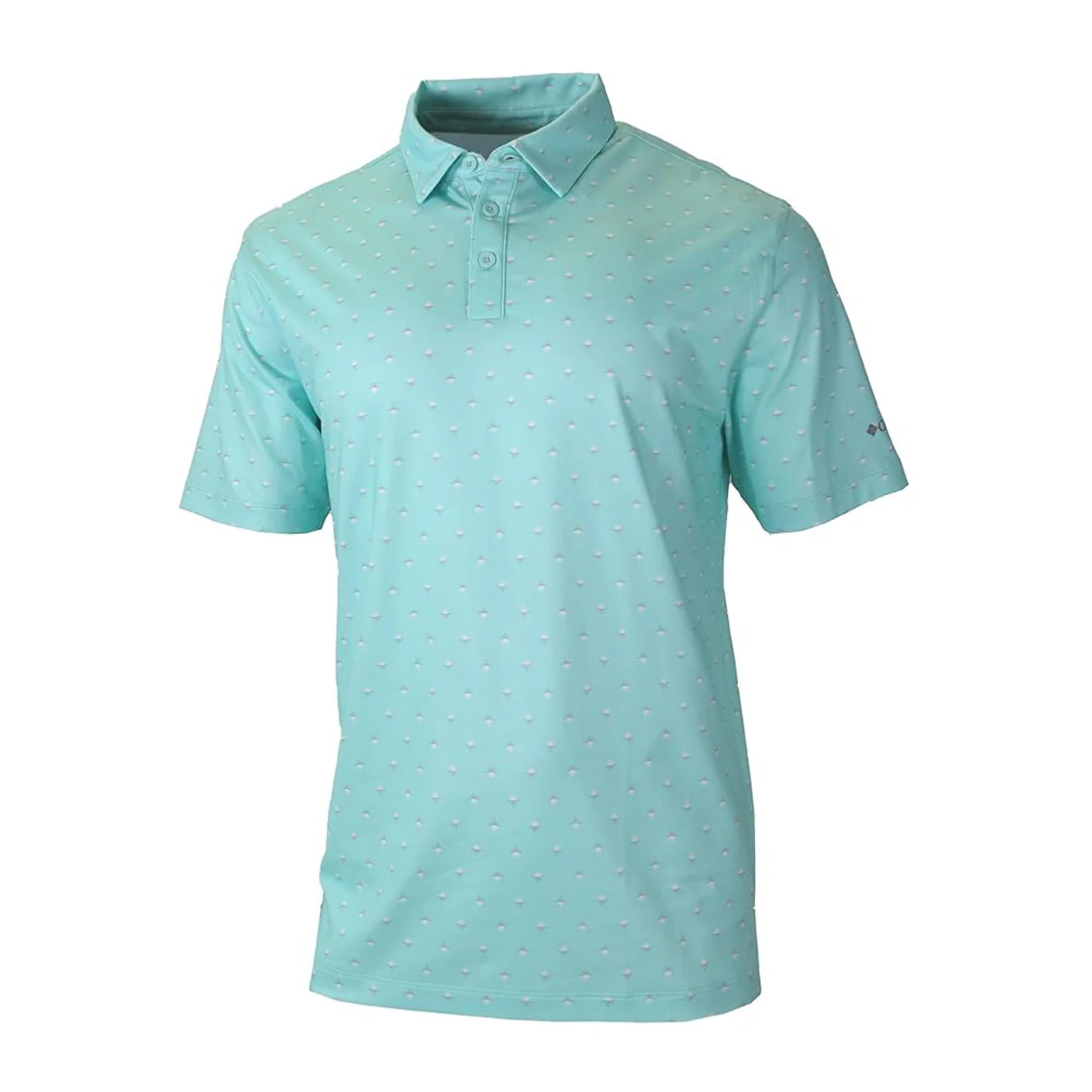 A light blue polo shirt with a subtle dot pattern and a three-button collar.