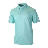 A light blue polo shirt with a subtle dot pattern and a three-button collar.