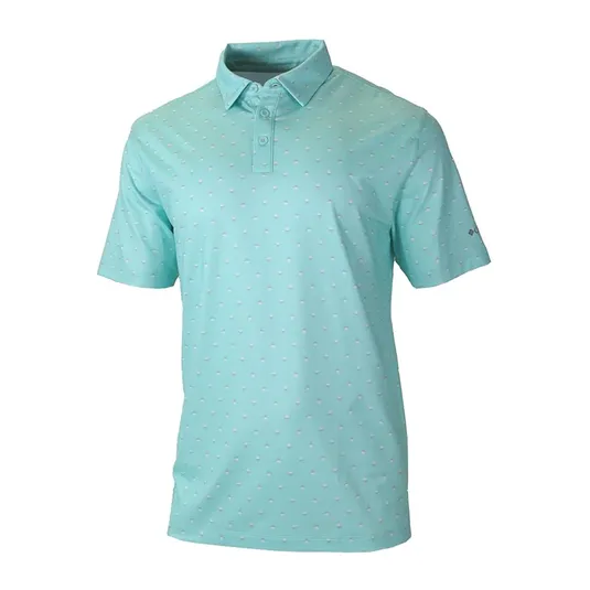 A light blue polo shirt with a subtle dot pattern and a three-button collar.