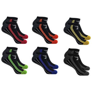 6-pack of ankle running socks in black with colored accents: red, orange, yellow, green, blue, and gray. Each pair features a cushioned sole and stripe detailing for support and style.