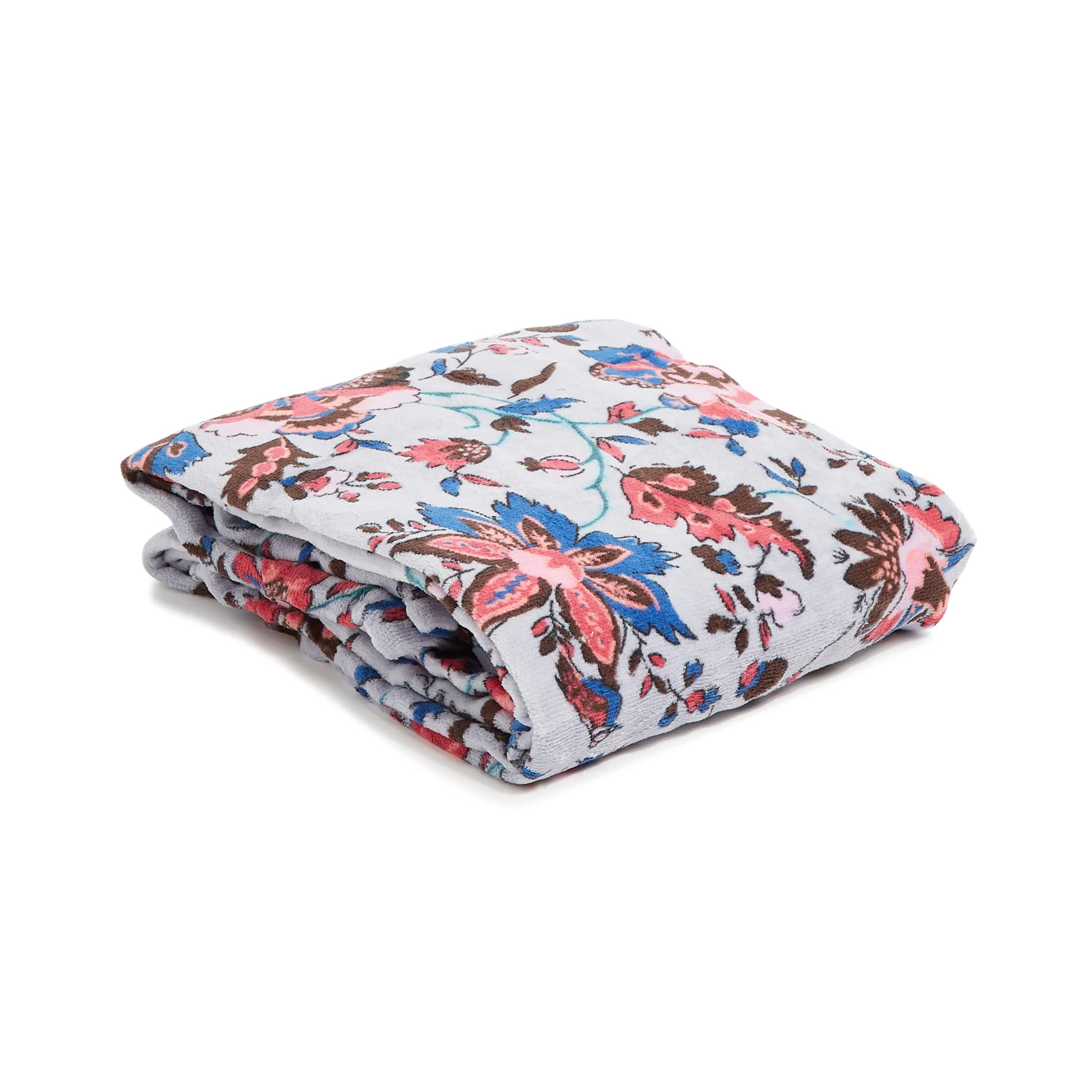 Folded blanket with a floral pattern featuring blue, pink, and brown flowers on a light gray background.