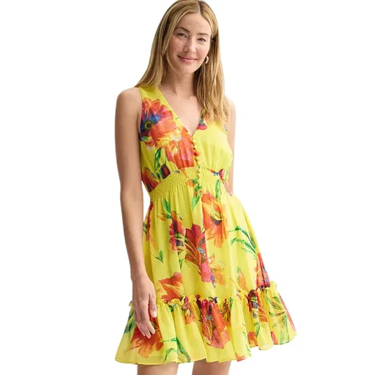 Bright yellow sleeveless dress with a vibrant floral print, featuring a V-neckline, cinched waist, and ruffled hem.