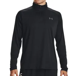 A black long-sleeve quarter-zip pullover with a small logo on the chest, designed for athletic or casual wear.