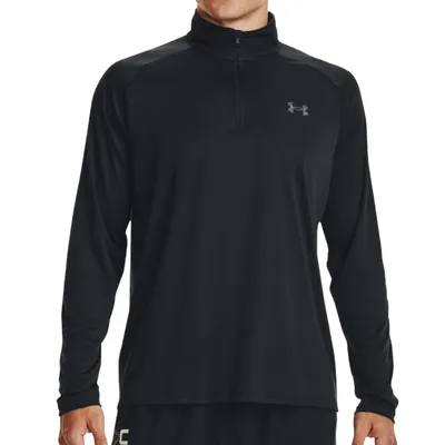 A black long-sleeve quarter-zip pullover with a small logo on the chest, designed for athletic or casual wear.
