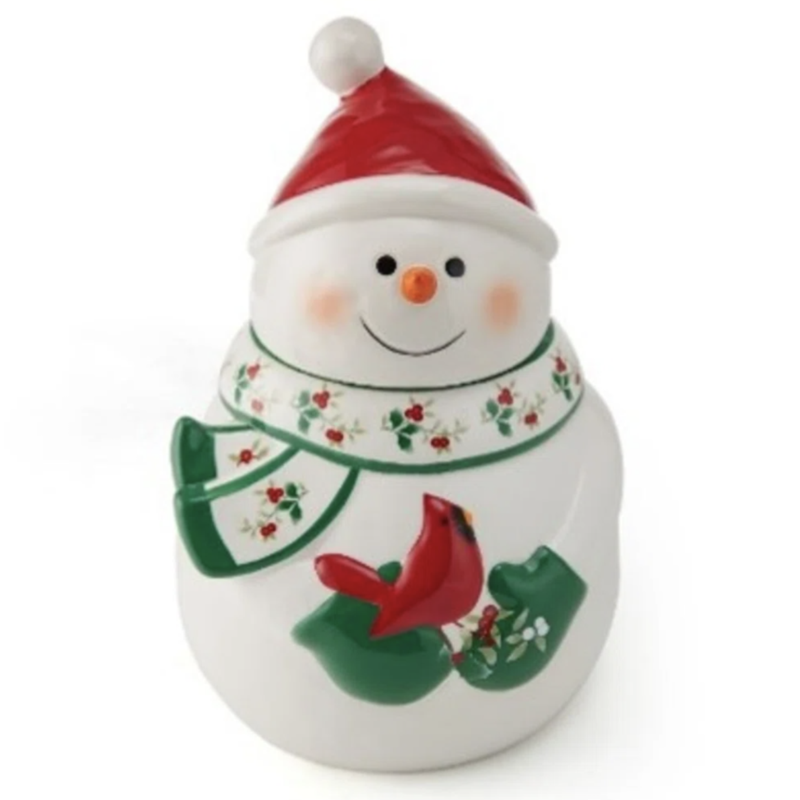 A ceramic snowman cookie jar with a red hat, floral-patterned scarf, and a red cardinal perched on green mittens, designed for festive holiday storage.