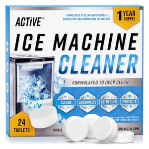 Active Ice Machine Cleaner, 24 tablets, is designed to clean, descale, deodorize, refresh, and protect countertop and commercial ice makers. It offers a one-year supply for deep cleaning.