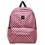 A pink and white checkered backpack from Vans with a front pocket, side pockets, and a top handle on a beige background.