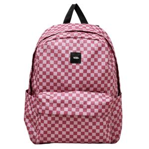 A pink and white checkered backpack from Vans with a front pocket, side pockets, and a top handle on a beige background.