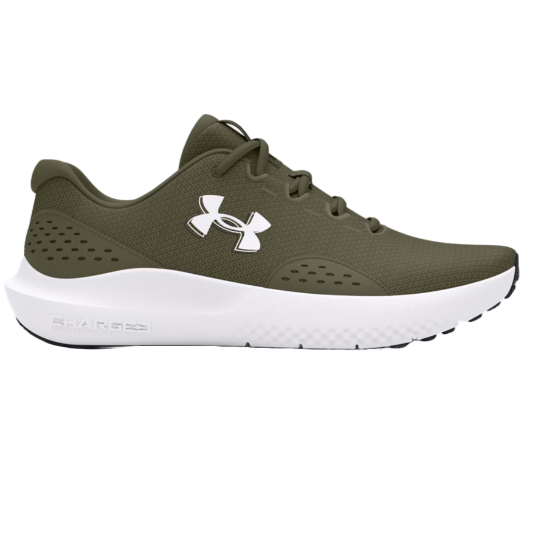 Olive green athletic shoe with a white sole and perforated details, featuring a prominent white logo on the side.
