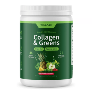 Snap Collagen & Greens is a two-in-one supplement with grass-fed, pasture-raised ingredients, featuring 26 fruits and vegetables, 21 amino acids and probiotics. It's raspberry flavored and comes in an 11.34 oz (321.6 g) container.