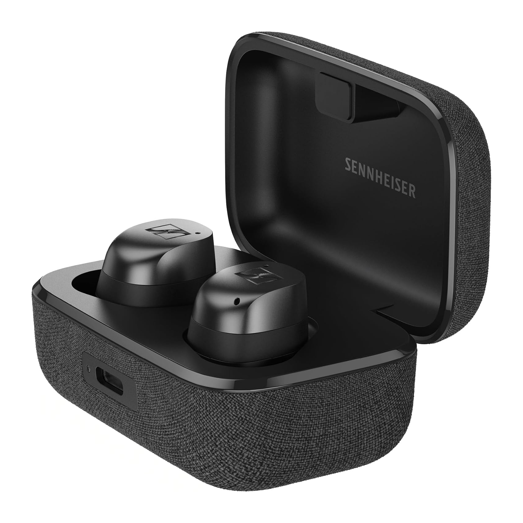 Black Sennheiser Momentum 4 True Wireless Earbuds are displayed inside their fabric-textured charging case with the lid open, showcasing the earbuds' compact design.