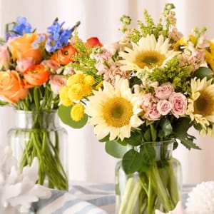 Two glass vases contain colorful floral arrangements. One vase has sunflowers, yellow buds, and light pink roses, while the other includes orange roses and blue flowers.