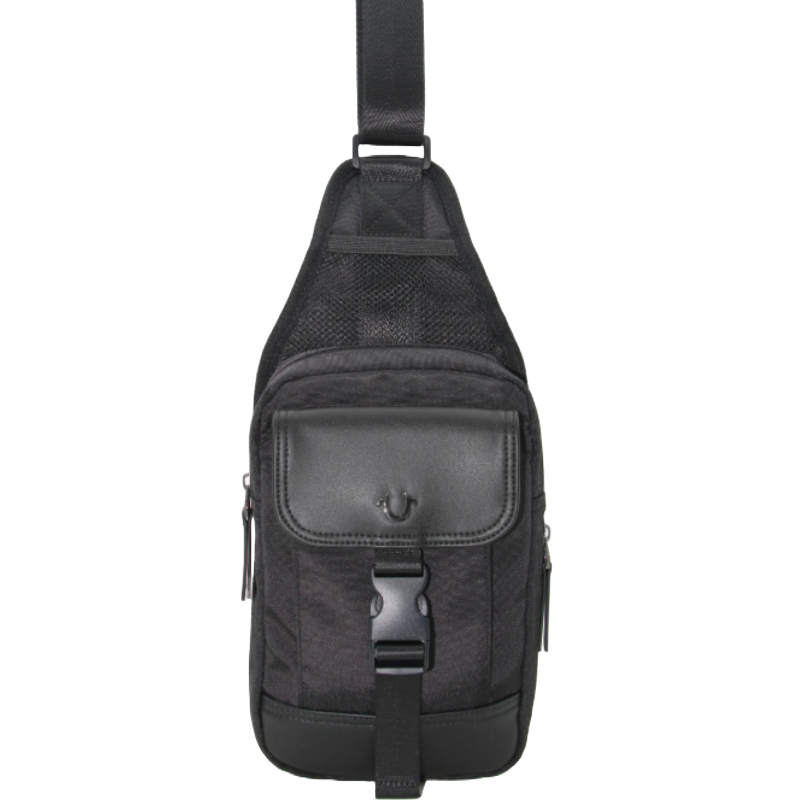 The True Religion Ivan Sling Backpack is a compact, black sling bag featuring a front flap pocket with a buckle closure and a mesh strap for easy carrying.