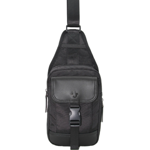 The True Religion Ivan Sling Backpack is a compact, black sling bag featuring a front flap pocket with a buckle closure and a mesh strap for easy carrying.
