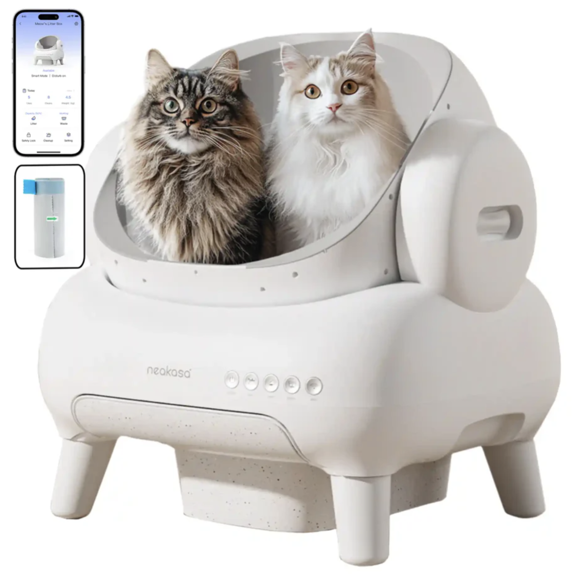 A smart, automated litter box with two cats inside, accompanied by a smartphone app interface for monitoring and control, and a filter cartridge displayed separately.
