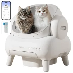 A smart, automated litter box with two cats inside, accompanied by a smartphone app interface for monitoring and control, and a filter cartridge displayed separately.