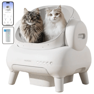 A smart, automated litter box with two cats inside, accompanied by a smartphone app interface for monitoring and control, and a filter cartridge displayed separately.