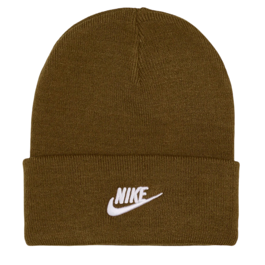 Brown knit beanie with a fold-over cuff featuring the white Nike logo.