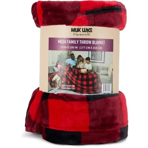 Muk Luks Mega Family Throw Blanket, 70” x 100” (177 cm x 254 cm), features a red and black plaid design with a foot pocket for warmth and comfort.