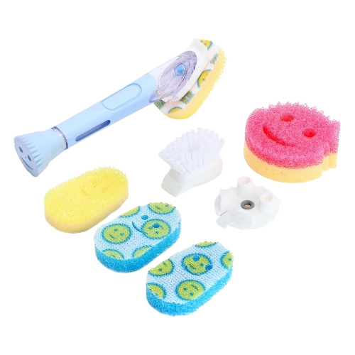 A cleaning kit featuring a handle with various brush and sponge attachments, including smiling face and pattern designs.