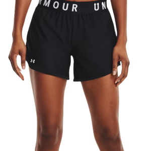 Under Armour Play Up Shorts are black with an elastic waistband featuring the \“ARMOUR\“ text. They are designed for comfort and mobility, with a small Under Armour logo on the left leg.