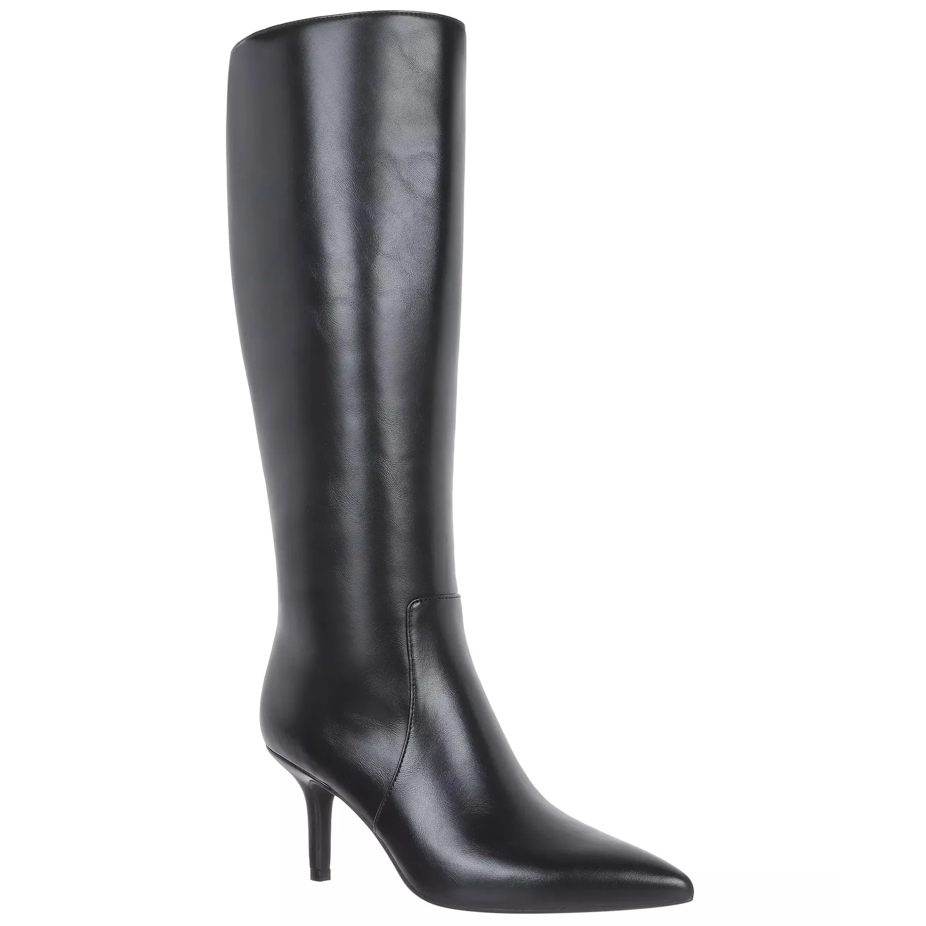 A sleek black knee-high boot with a pointed toe and mid-height stiletto heel.