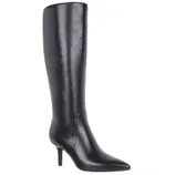 A sleek black knee-high boot with a pointed toe and mid-height stiletto heel.