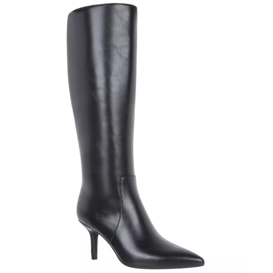 A sleek black knee-high boot with a pointed toe and mid-height stiletto heel.