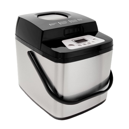 A stainless steel bread maker with a black lid and a digital control panel on top.