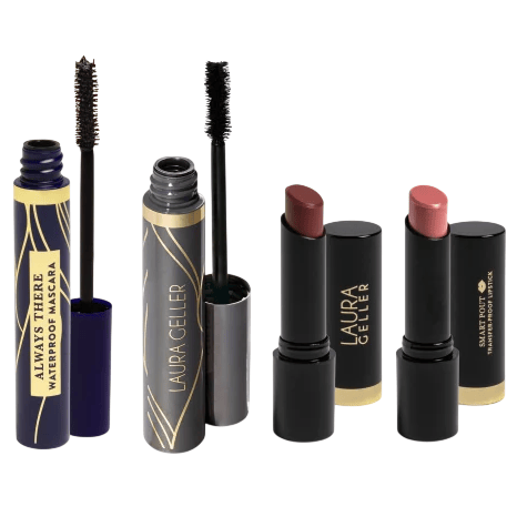Two tubes of mascara, one labeled \“Always There Waterproof,\“ and two lipsticks with \“Laura Geller\“ branding. The products are arranged upright on a neutral background.