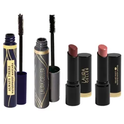 Two tubes of mascara, one labeled \“Always There Waterproof,\“ and two lipsticks with \“Laura Geller\“ branding. The products are arranged upright on a neutral background.