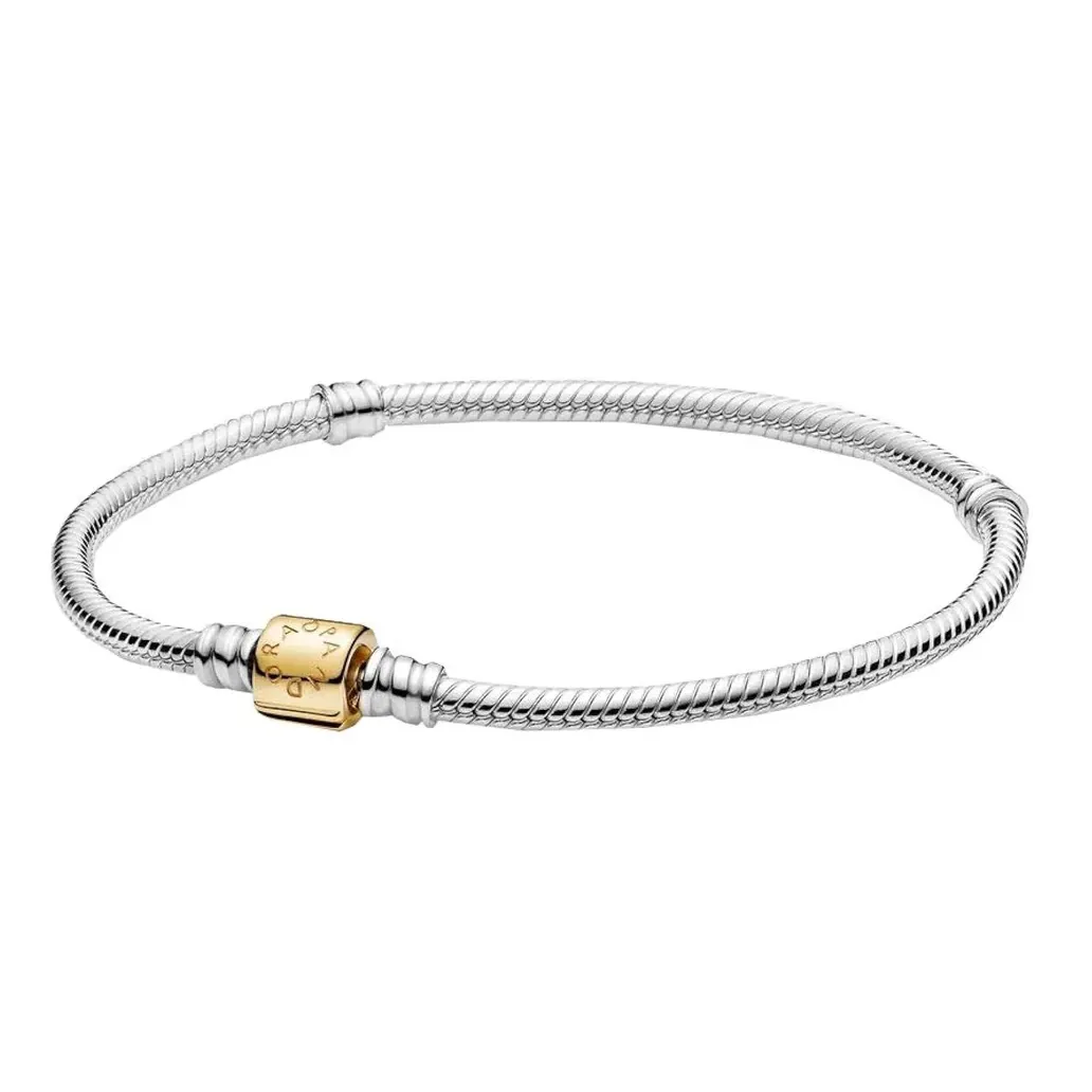 A silver bracelet with a gold clasp featuring engraved lettering, designed in a twisted rope style.