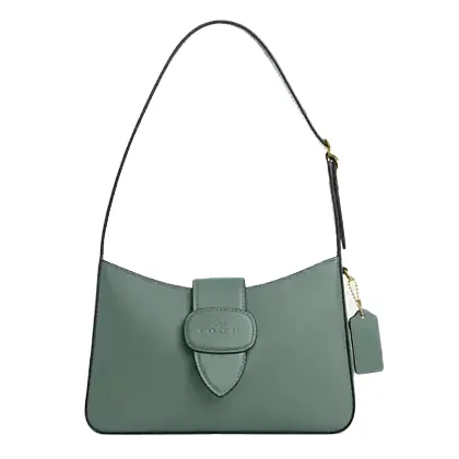 Coach Outlet Eliza Shoulder Bag in soft green features a sleek design with a flap closure, gold-tone hardware, and an adjustable shoulder strap. Includes a small hanging tag for added style.