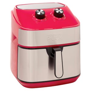 A red and stainless steel air fryer with two control knobs on top, branded with \“WOLFGANG PUCK.\“