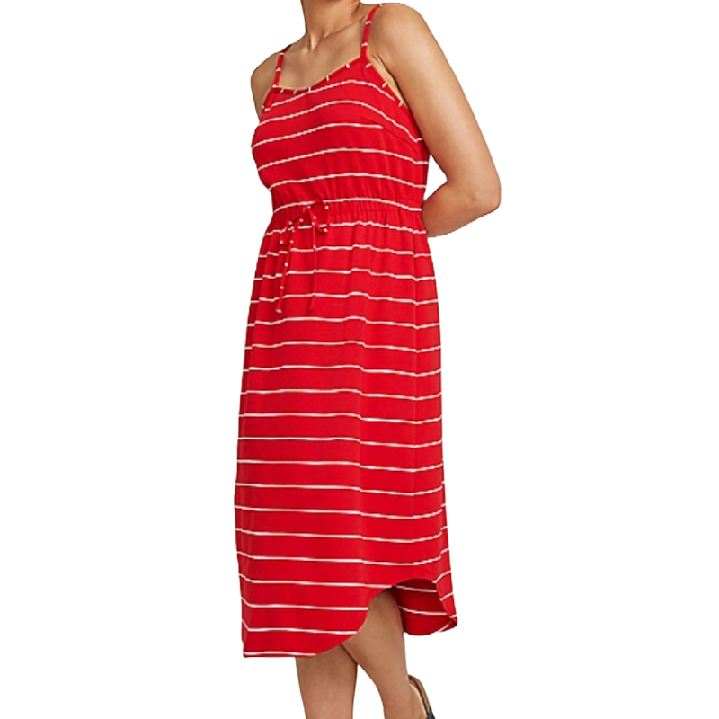 A red sundress featuring horizontal white stripes, spaghetti straps, and a gathered waist with a drawstring.