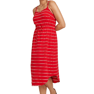 A red sundress featuring horizontal white stripes, spaghetti straps, and a gathered waist with a drawstring.