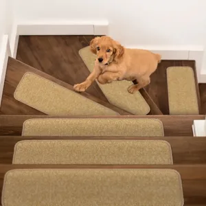 A puppy is on a wooden staircase with beige carpet stair treads.