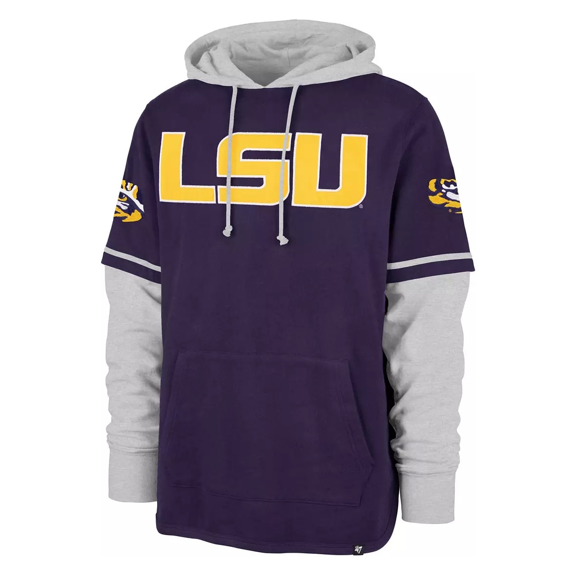 LSU hoodie featuring a purple and gray design with yellow \“LSU\“ lettering. Includes a front pocket and drawstring hood, with an LSU logo on the sleeve.