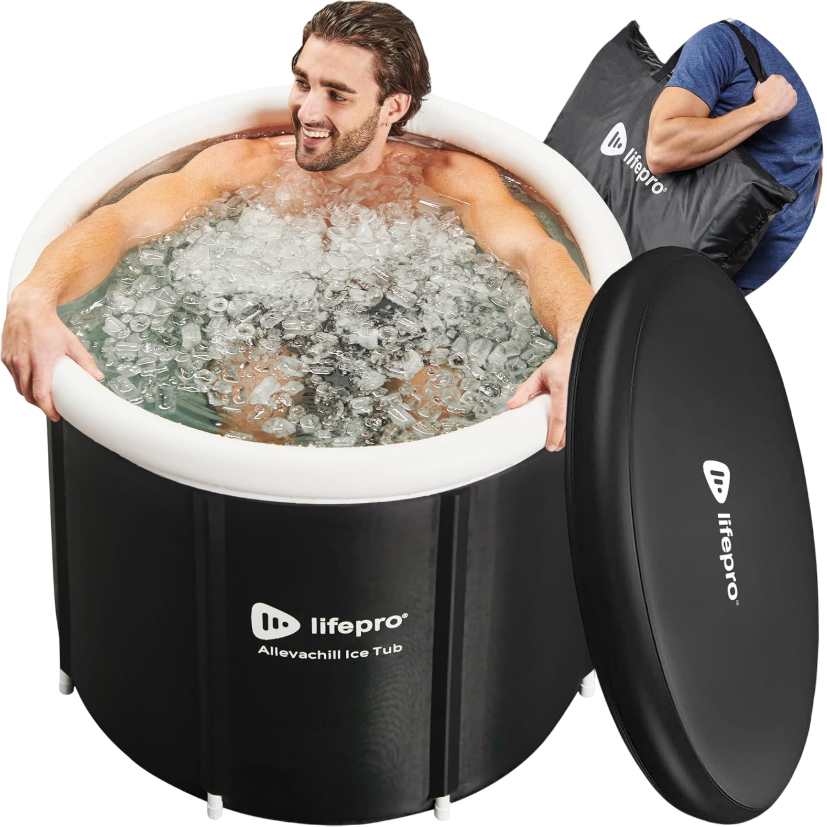 Portable ice bath tub from Lifepro, labeled AllevaChill, shows a person using it filled with ice water. Includes a carry bag and a cover.