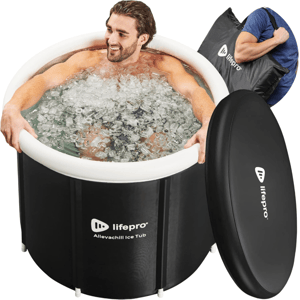 Portable ice bath tub from Lifepro, labeled AllevaChill, shows a person using it filled with ice water. Includes a carry bag and a cover.